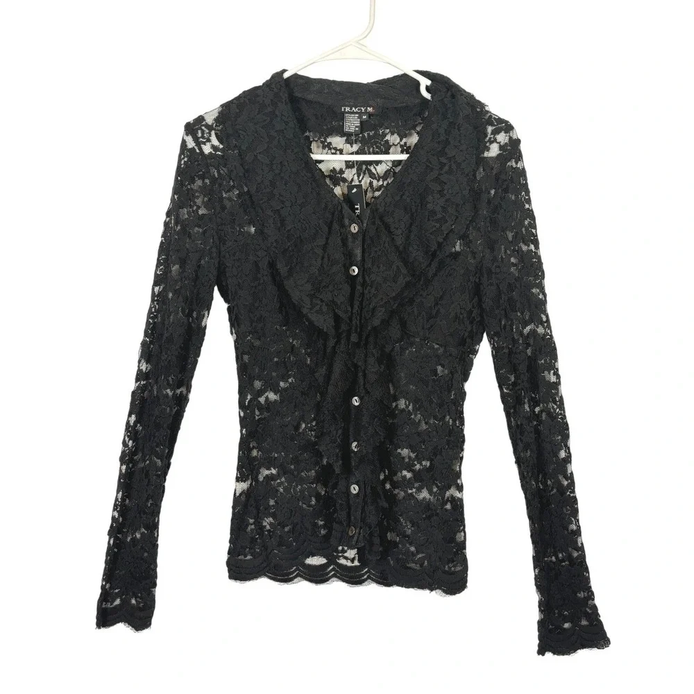 Lace Ruffle Cardigan Black Sheer Victorian Goth Whimsigoth Dark Fairy MEDIUM